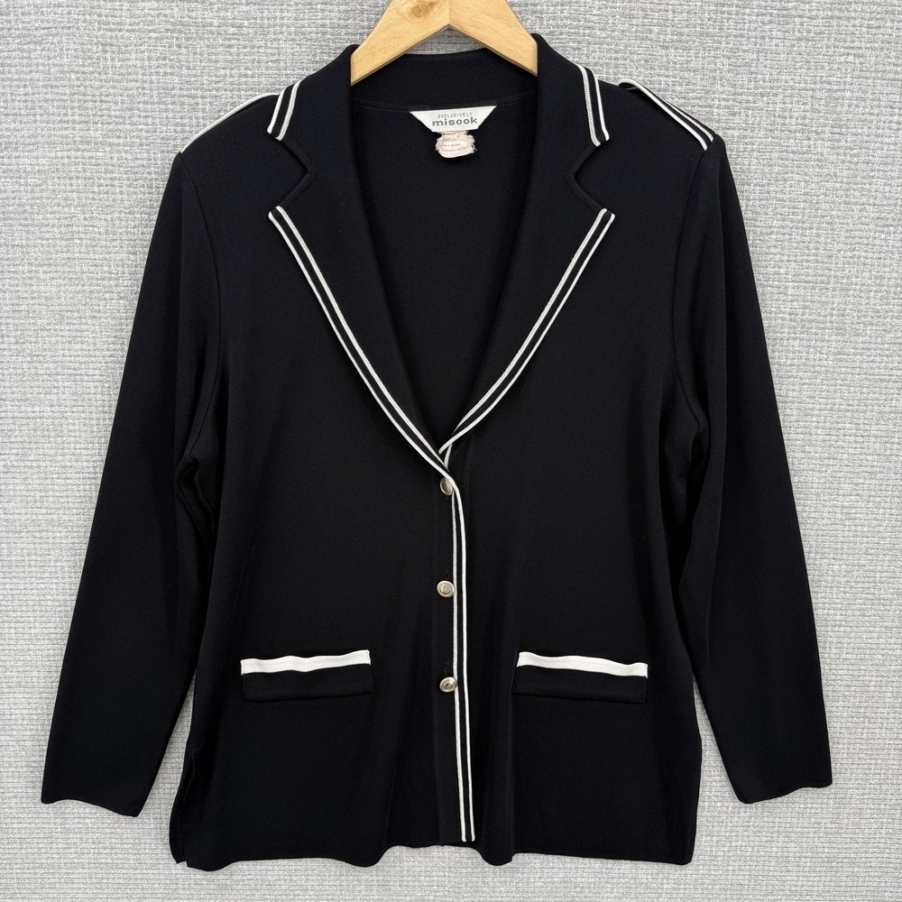 Misook Jacket Womens Large Black Knit Blazer Contrast Trim Military Gold Buttons